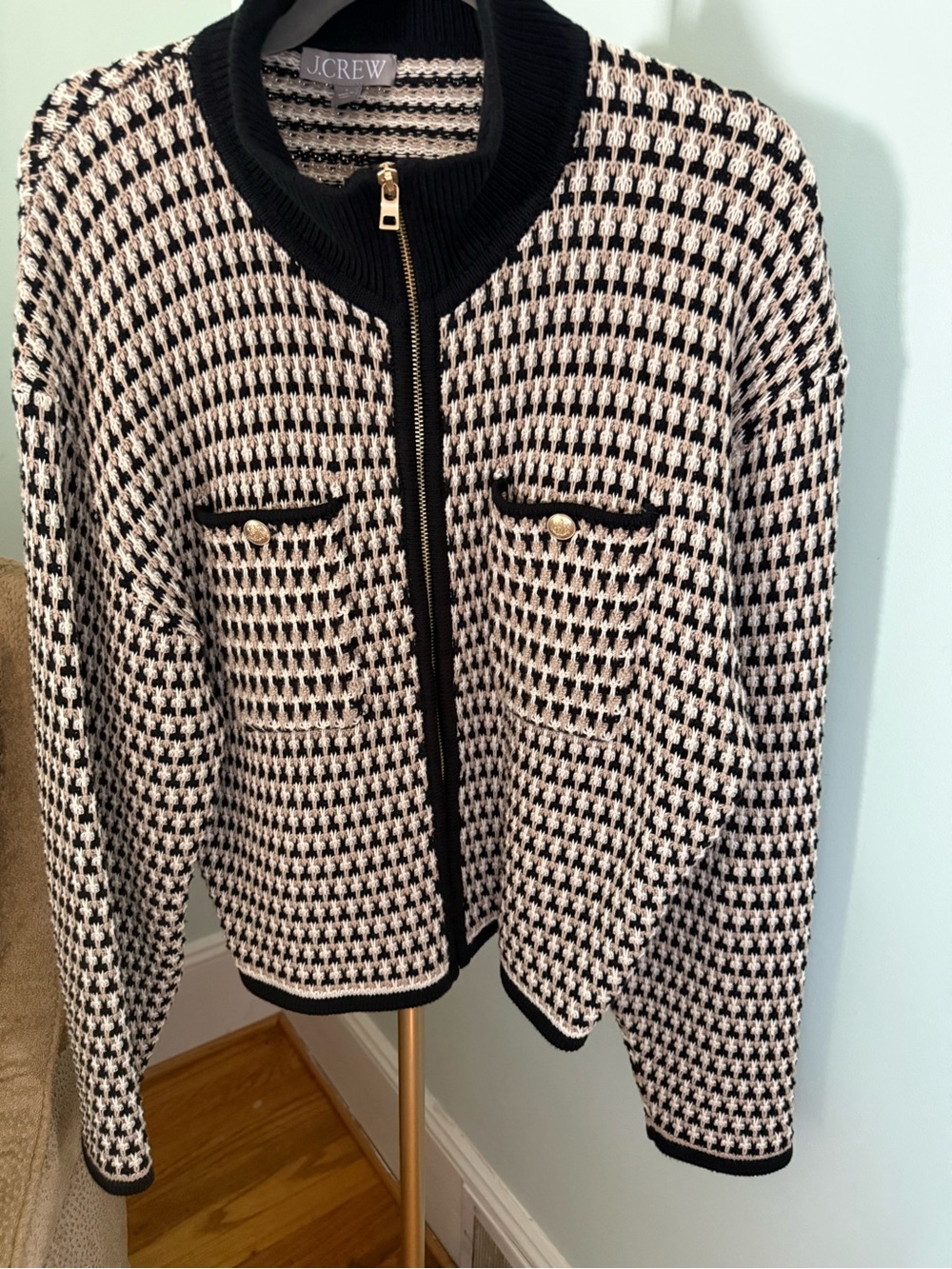 J. Crew Black and Cream Houndstooth Zip Cardigan